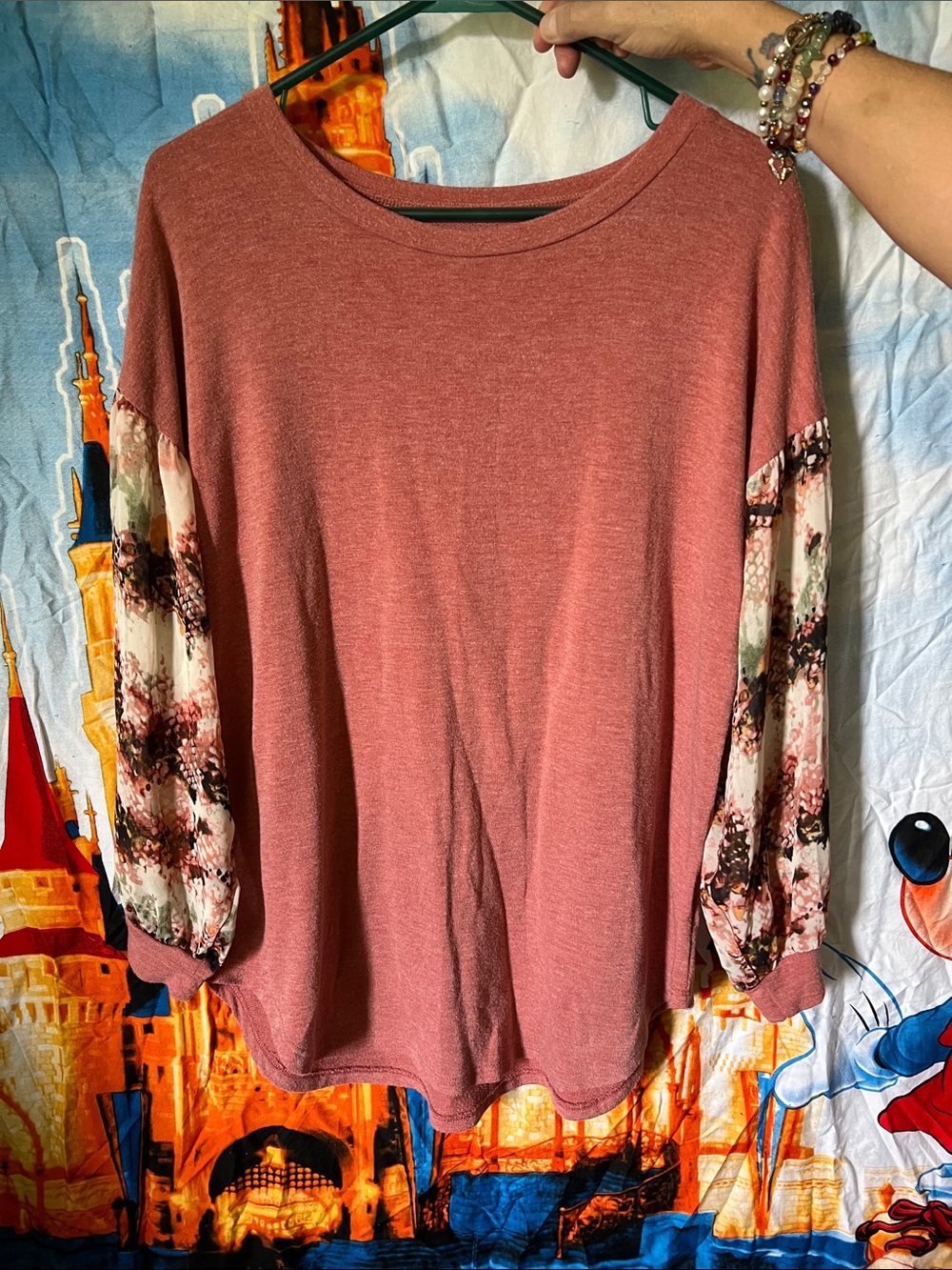 Women’s Dusty Rose Mixed-Sleeve Pullover Top